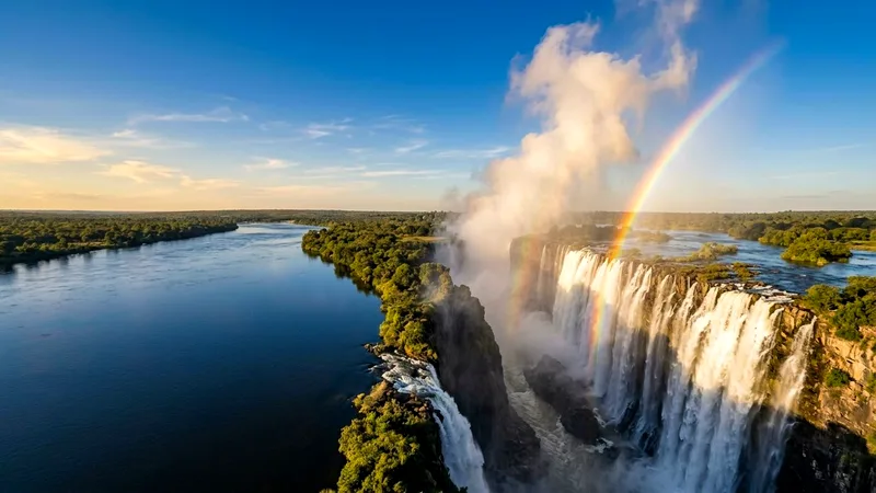 Aerial view of Victoria Falls with spray plume and rainbow above the Zambezi River