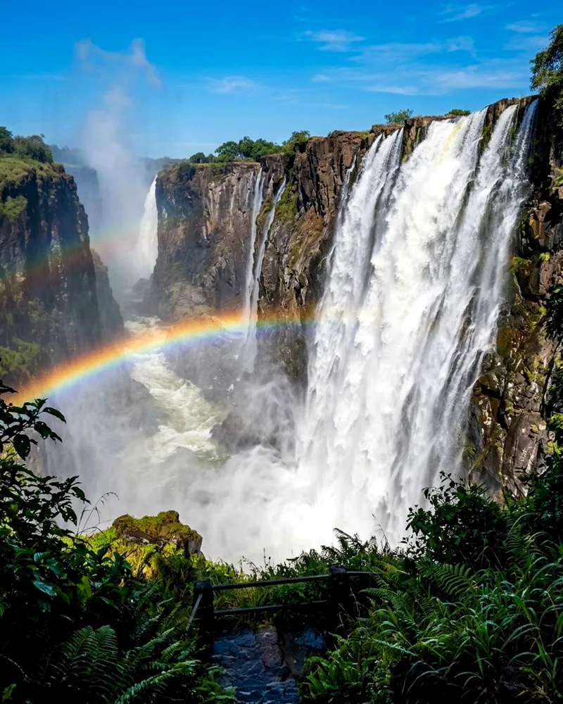 Vertical view of Main Falls plunging into the gorge with a rainbow in the mist