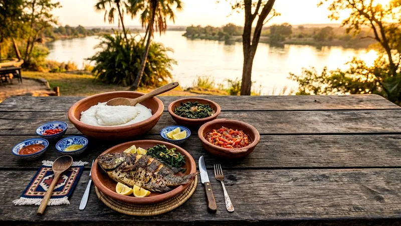 Sadza, grilled bream and greens in clay bowls on a wooden table