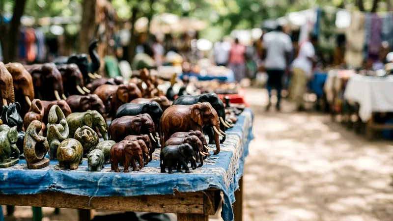 Hand-carved wooden elephants and soapstone sculptures on a market stall